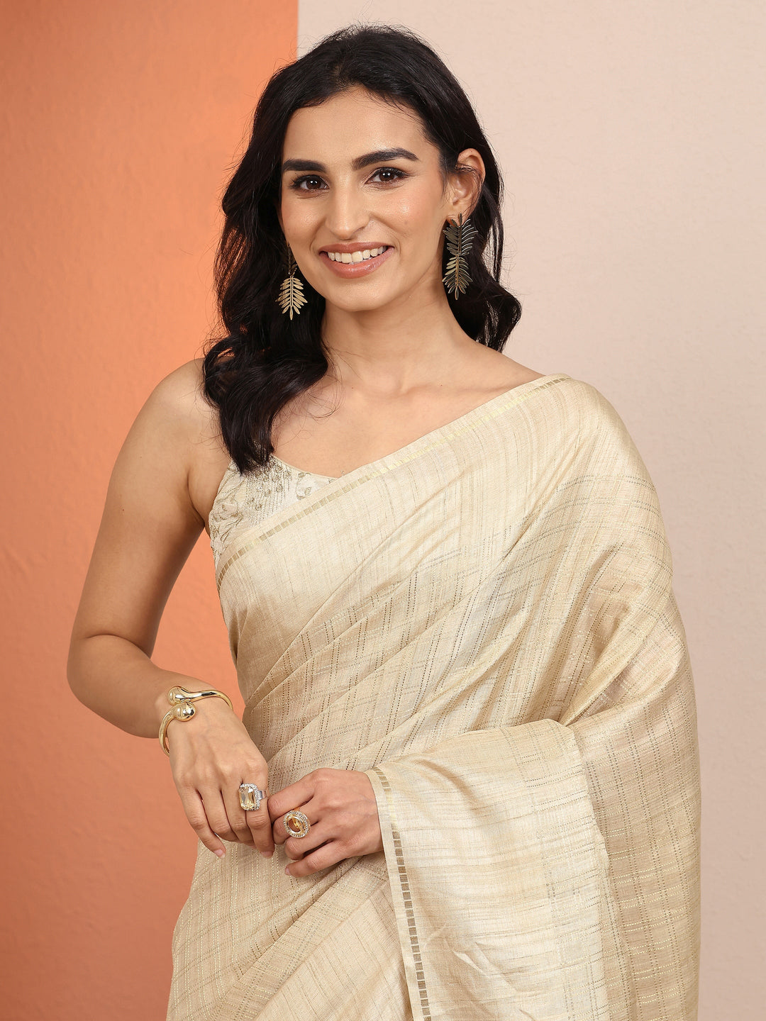  Gold Embellished Silk Blend Saree With Unstitched Blouse Piece 