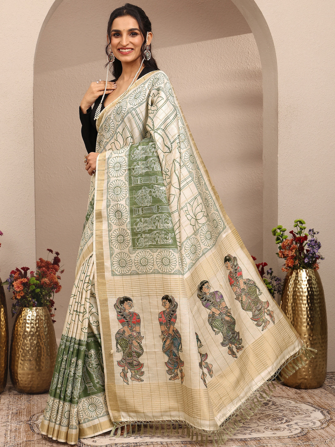  Cream Tribal Printed Silk Blend Saree With Unstitched Blouse Piece 