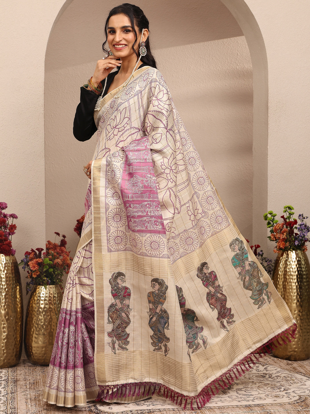  Cream Tribal Printed Silk Blend Saree With Unstitched Blouse Piece 