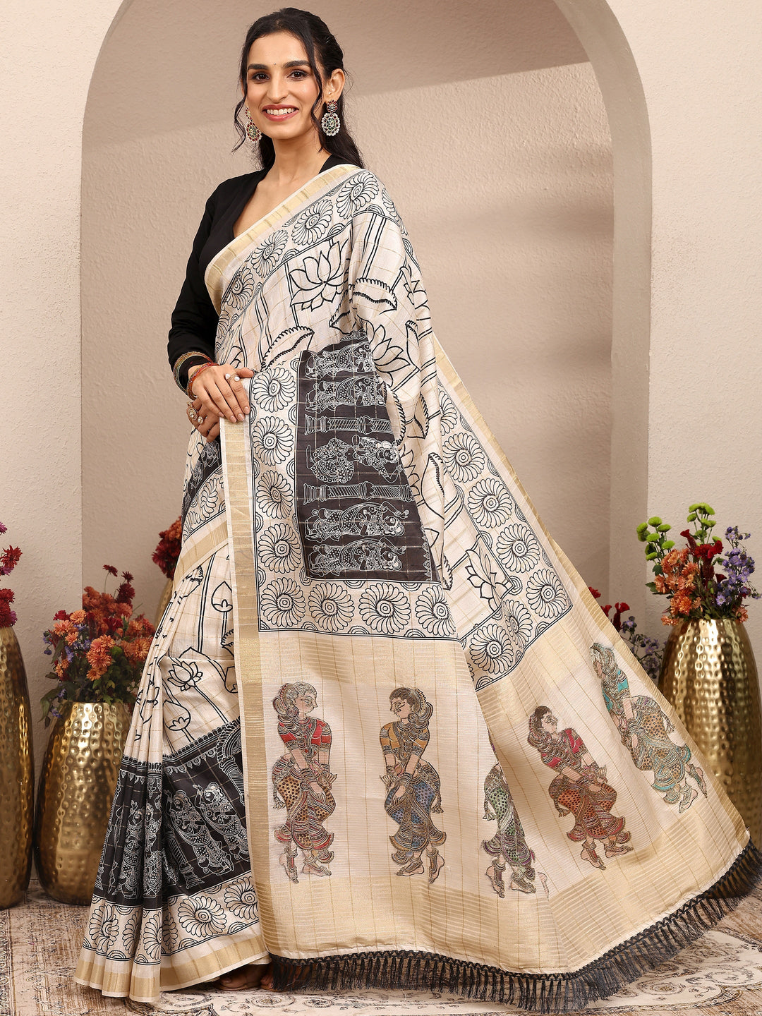  Cream Tribal Printed Silk Blend Saree With Unstitched Blouse Piece 