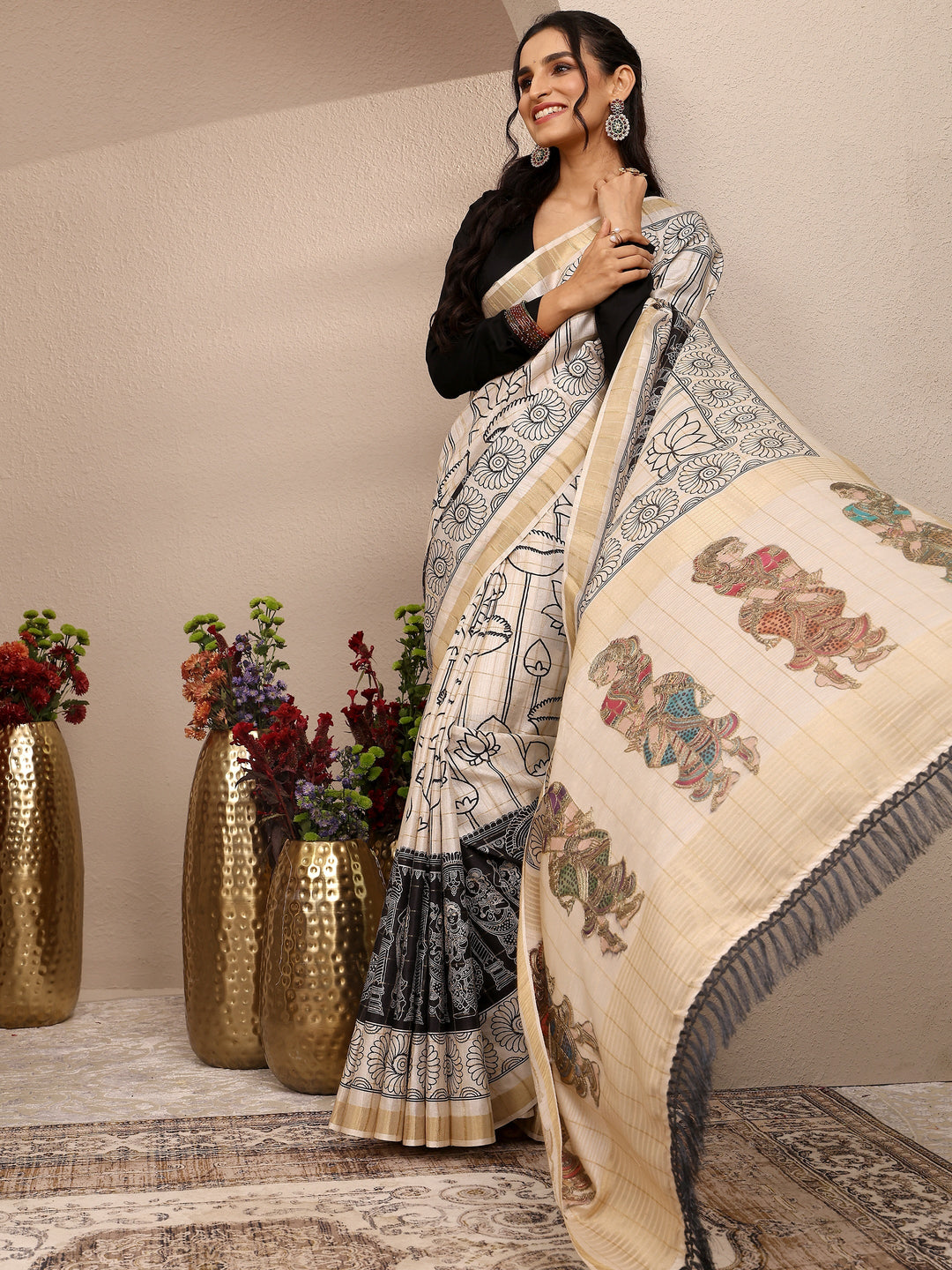  Cream Tribal Printed Silk Blend Saree With Unstitched Blouse Piece 