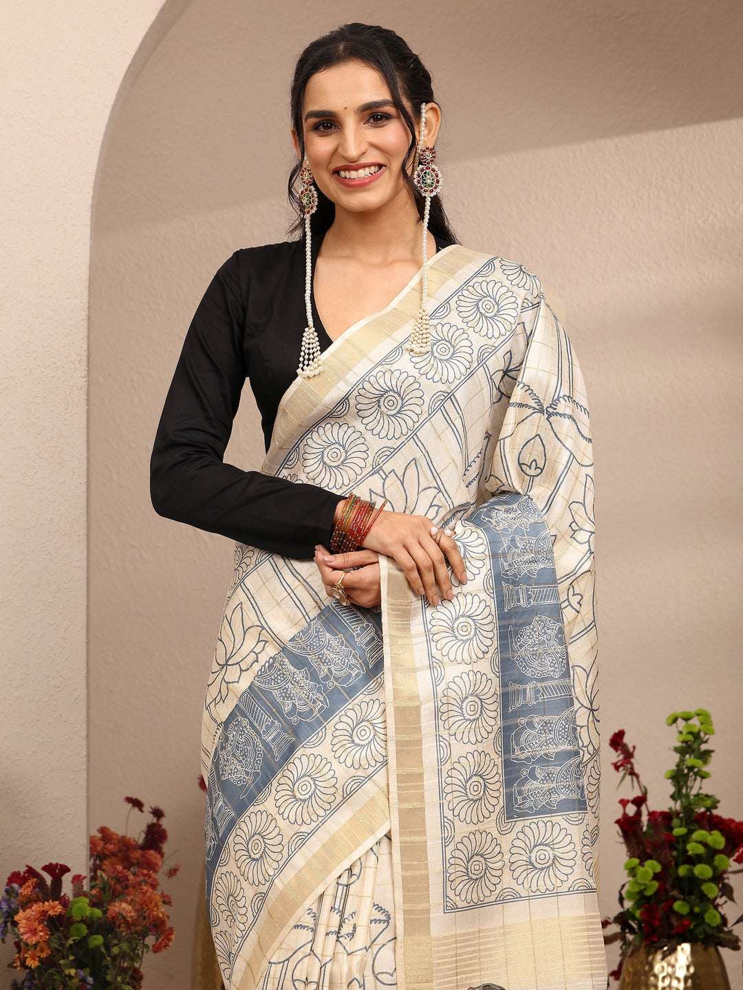  Cream Tribal Printed Silk Blend Saree With Unstitched Blouse Piece 