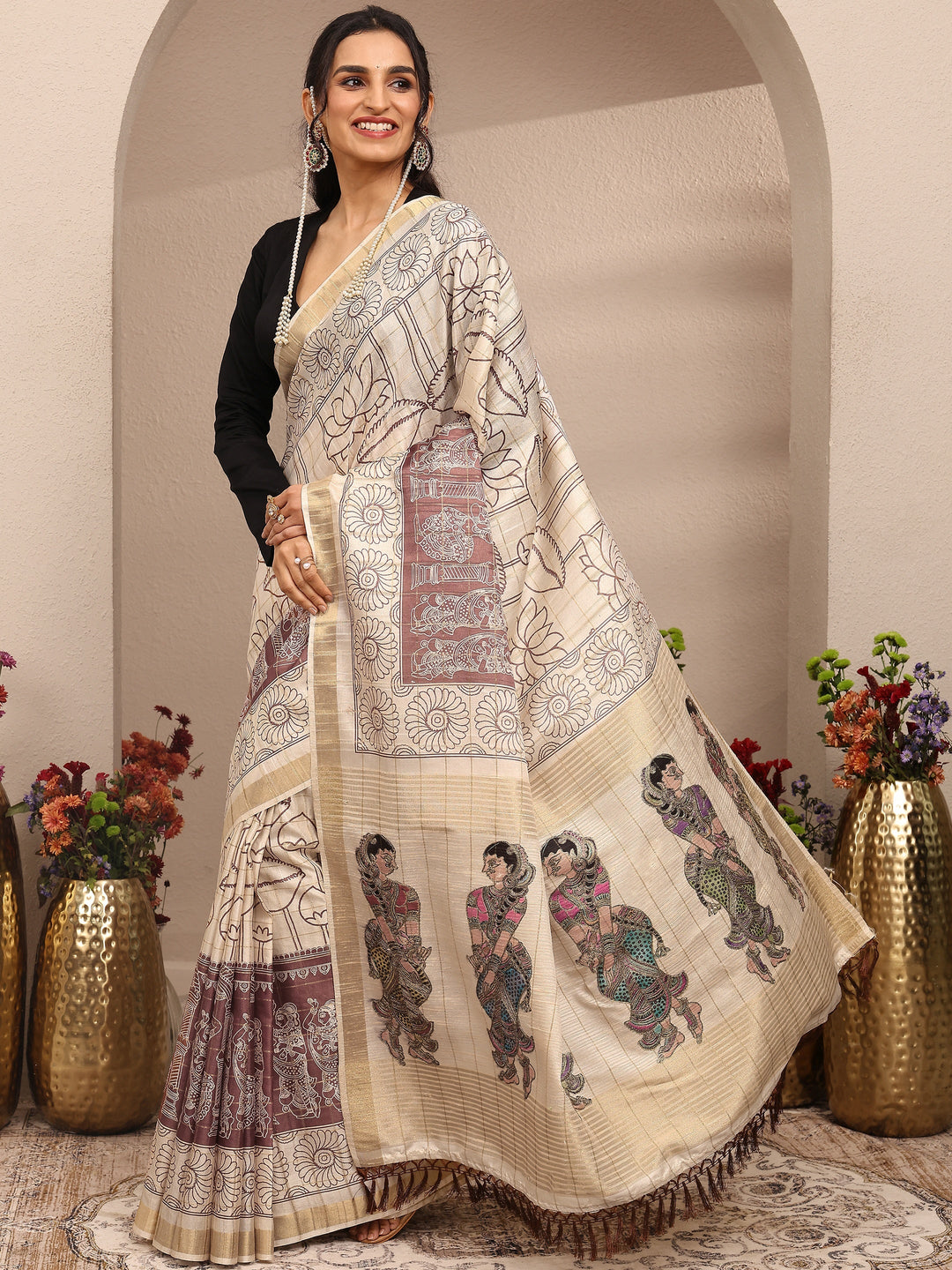  Cream Tribal Printed Silk Blend Saree With Unstitched Blouse Piece 