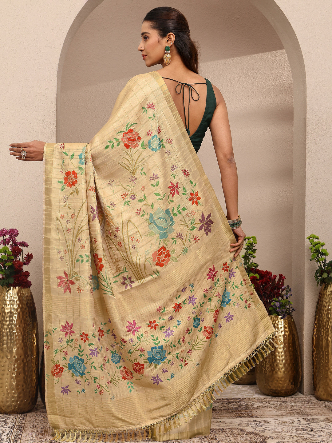  Gold Embroidered Silk Blend Saree With Unstitched Blouse Piece 