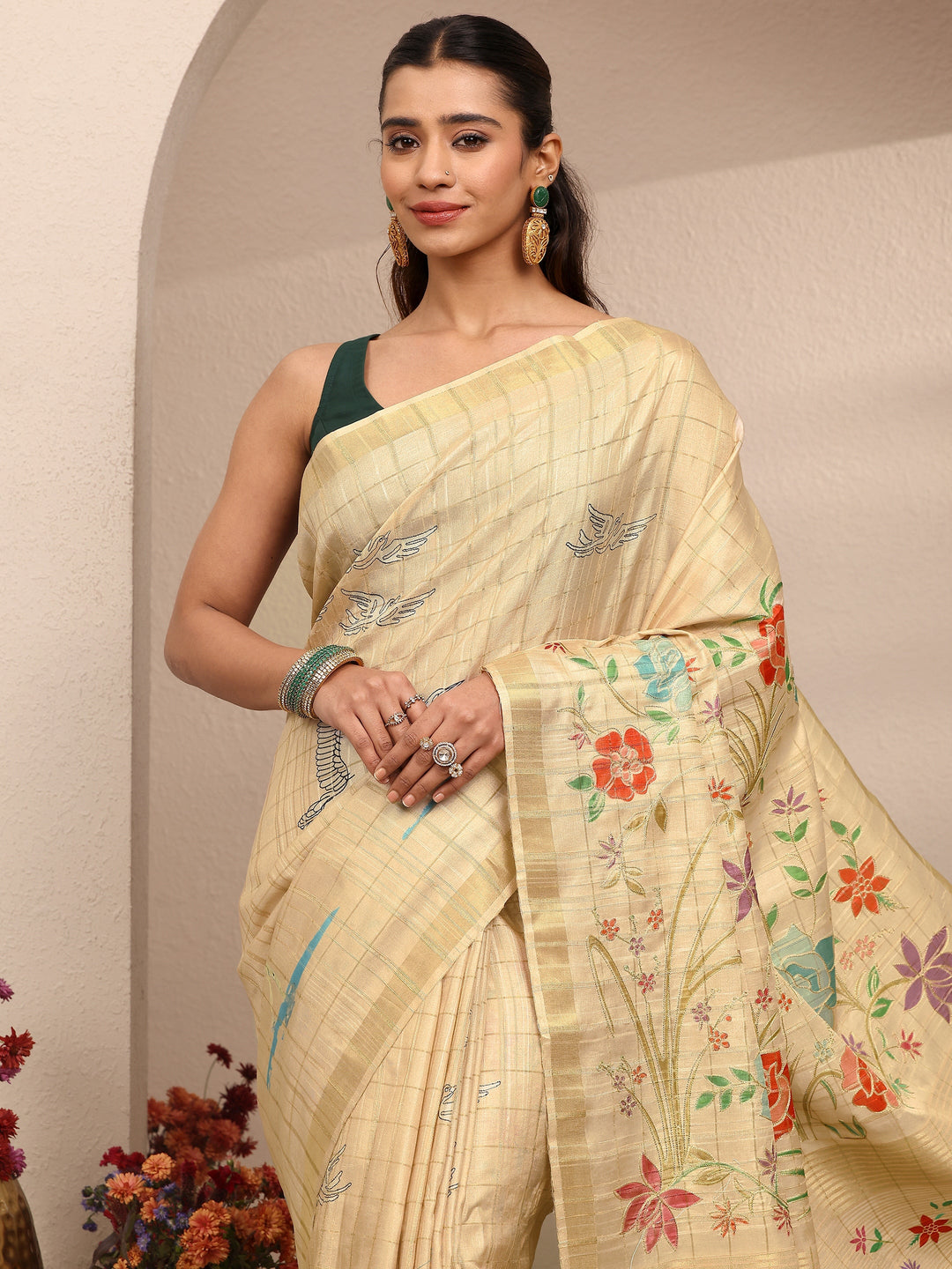  Gold Embroidered Silk Blend Saree With Unstitched Blouse Piece 