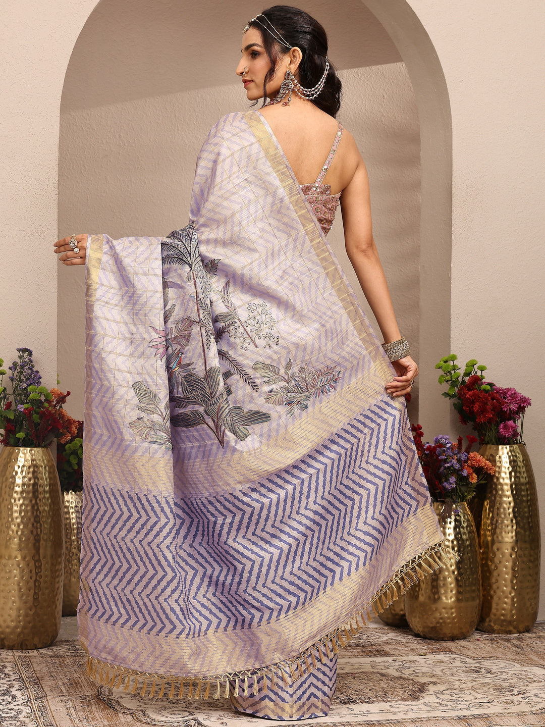  Lavender Embroidered Silk Blend Saree With Unstitched Blouse Piece 