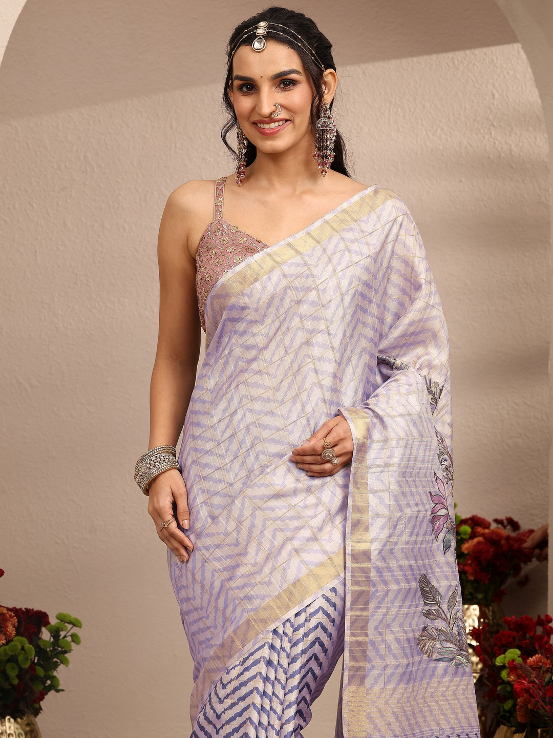  Lavender Embroidered Silk Blend Saree With Unstitched Blouse Piece 
