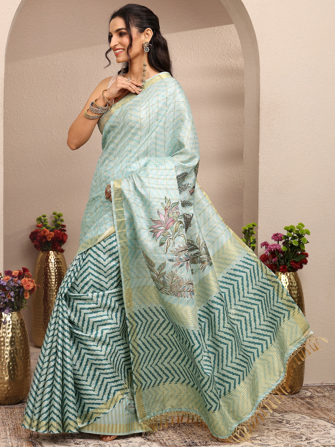  Blue Embroidered Silk Blend Saree With Unstitched Blouse Piece 