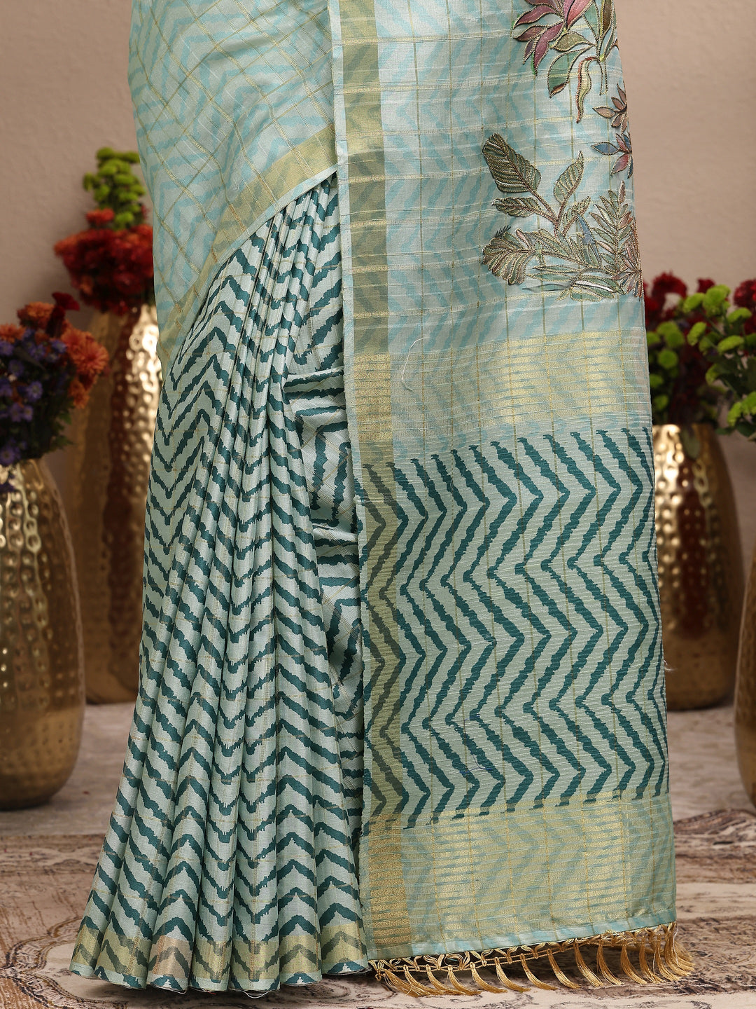  Blue Embroidered Silk Blend Saree With Unstitched Blouse Piece 