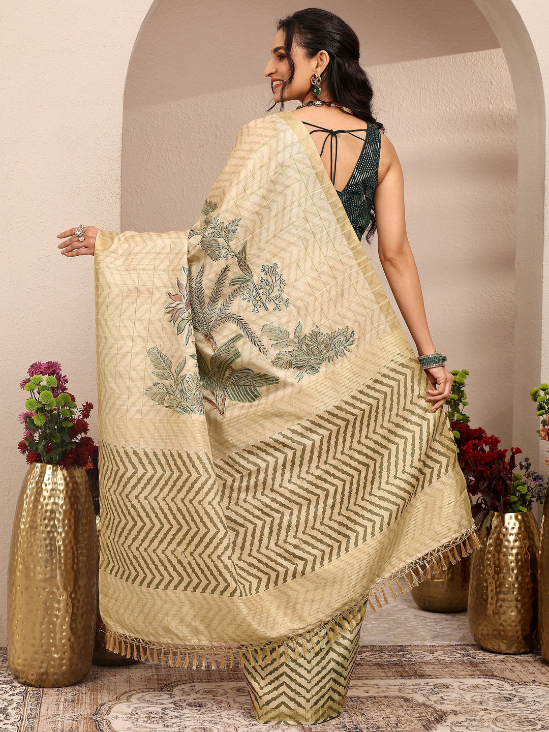  Gold Embroidered Silk Blend Saree With Unstitched Blouse Piece 