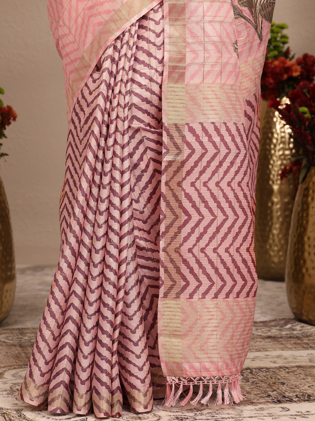  Peach Embroidered Silk Blend Saree With Unstitched Blouse Piece 