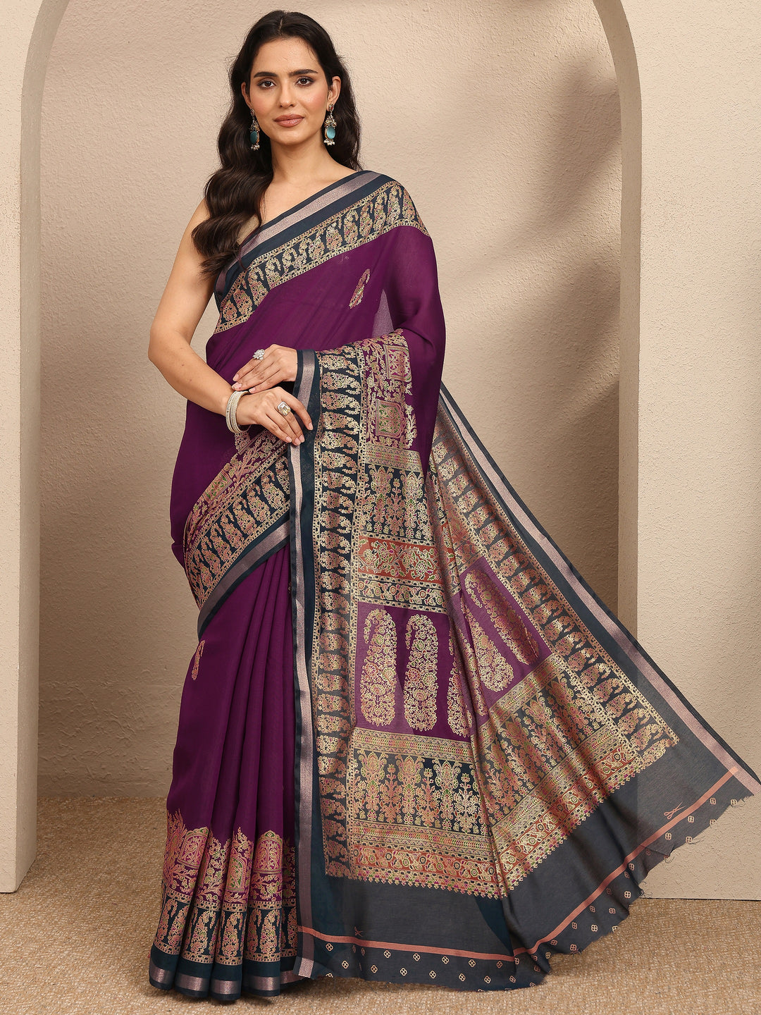  Burgundy Embroidered Silk Blend Saree With Unstitched Blouse Piece 