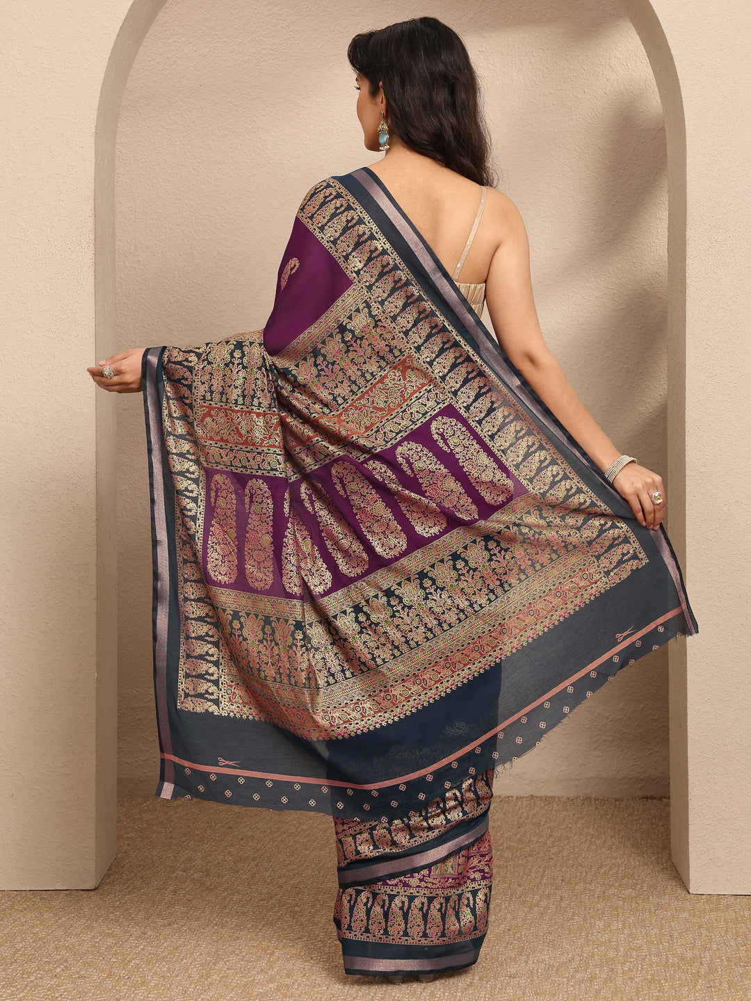  Burgundy Embroidered Silk Blend Saree With Unstitched Blouse Piece 