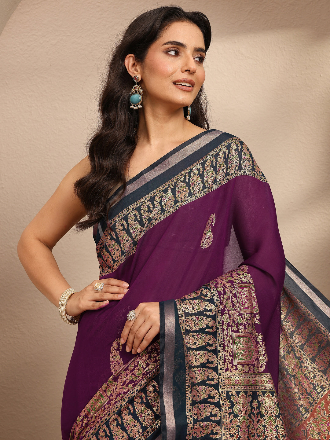  Burgundy Embroidered Silk Blend Saree With Unstitched Blouse Piece 