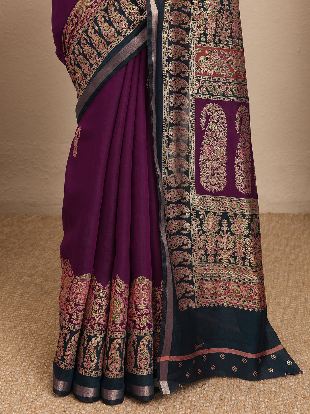  Burgundy Embroidered Silk Blend Saree With Unstitched Blouse Piece 