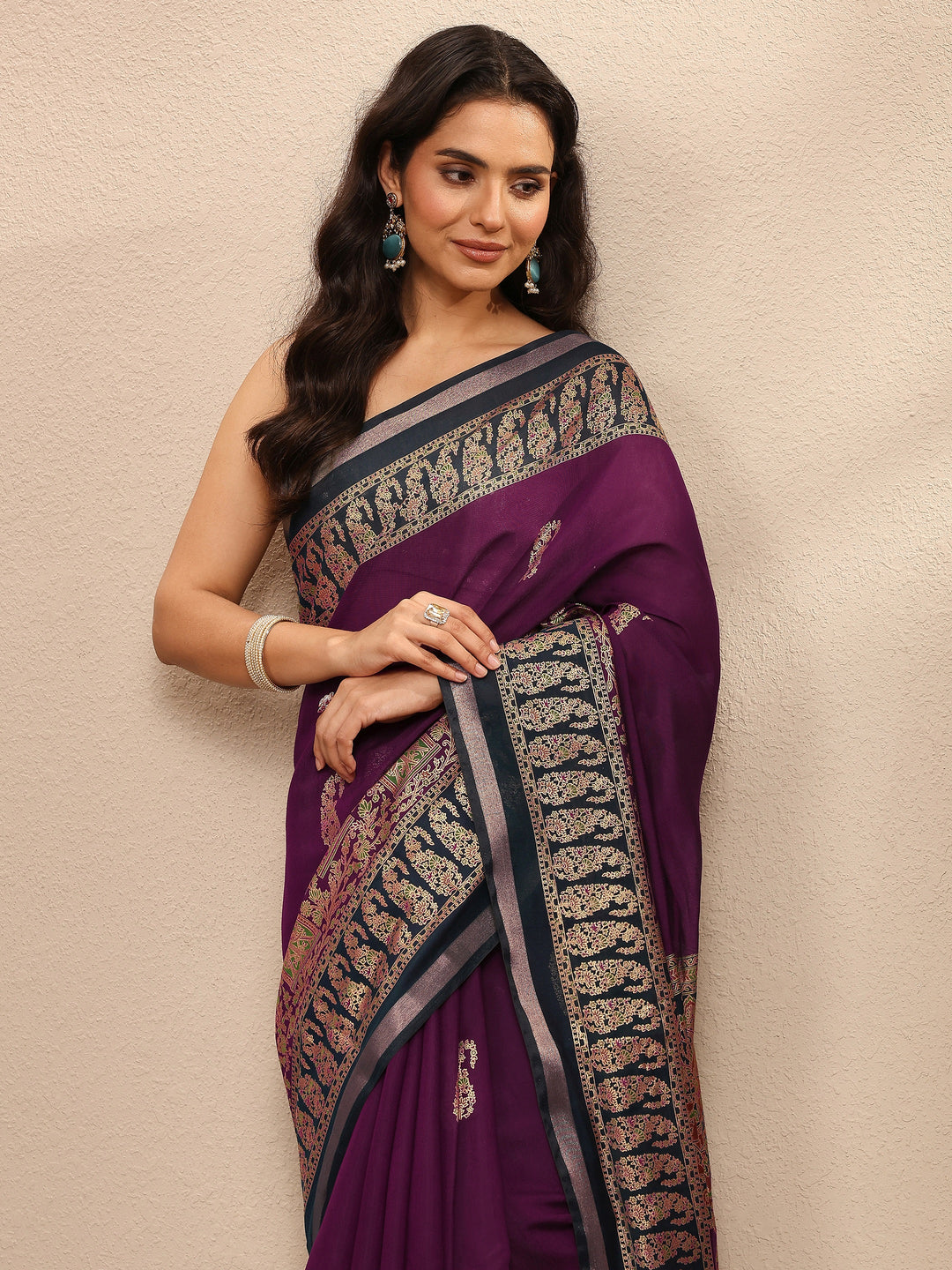  Burgundy Embroidered Silk Blend Saree With Unstitched Blouse Piece 