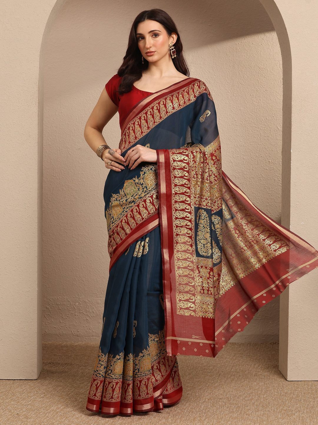 Blue Paisley Woven Design Banarsi Silk Blend Saree With Unstitched Blouse Piece