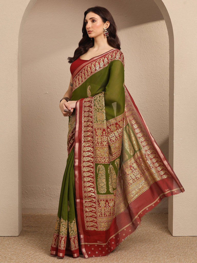 Libas Green Paisley Woven Design Banarsi Silk Blend Saree With Unstitched Blouse Piece