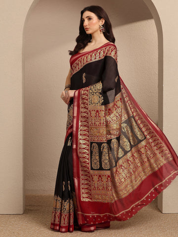 Black Paisley Woven Design Banarsi Silk Blend Saree With Unstitched Blouse Piece