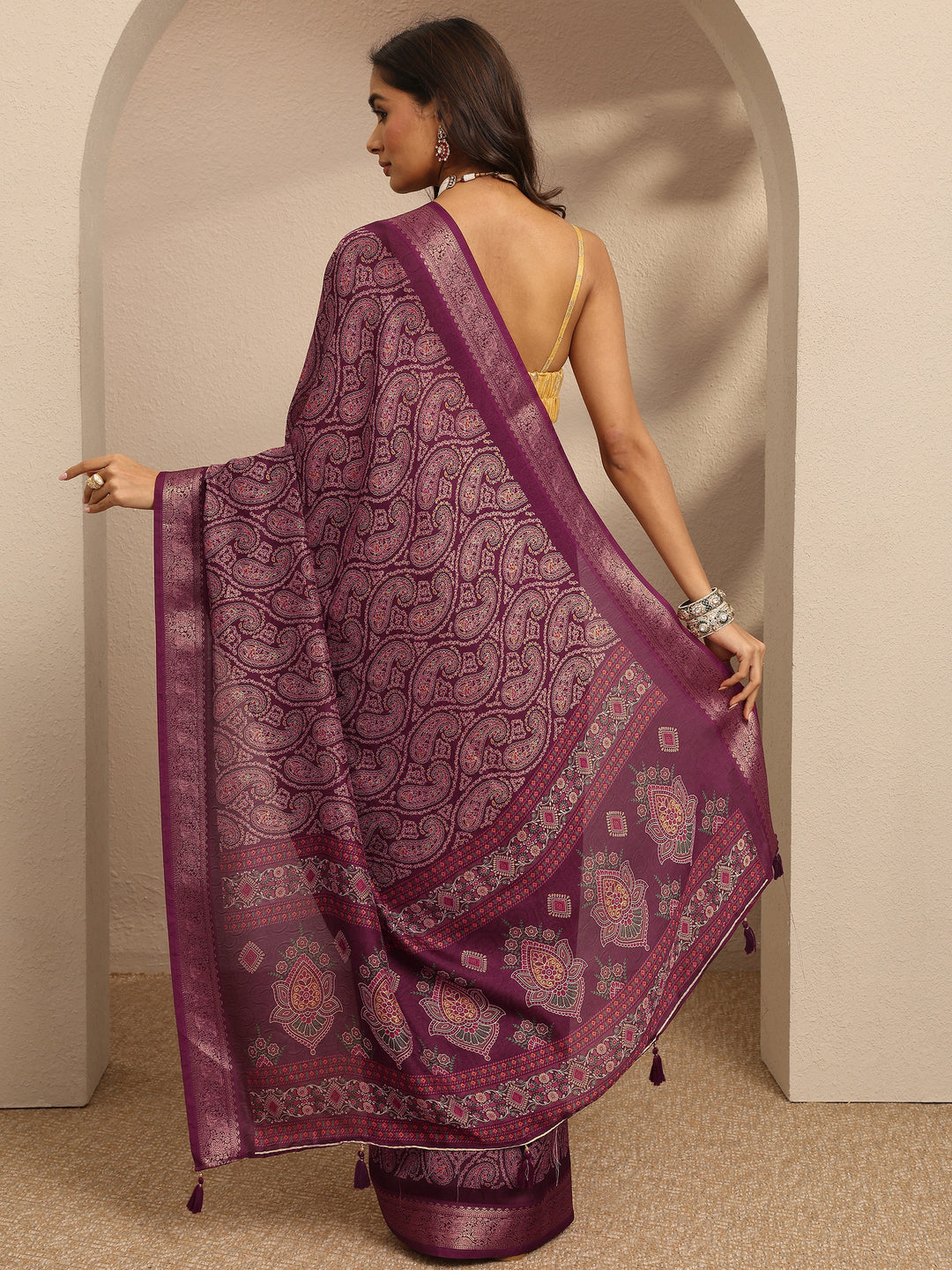  Burgundy Paisley Printed Silk Blend Saree With Unstitched Blouse Piece 