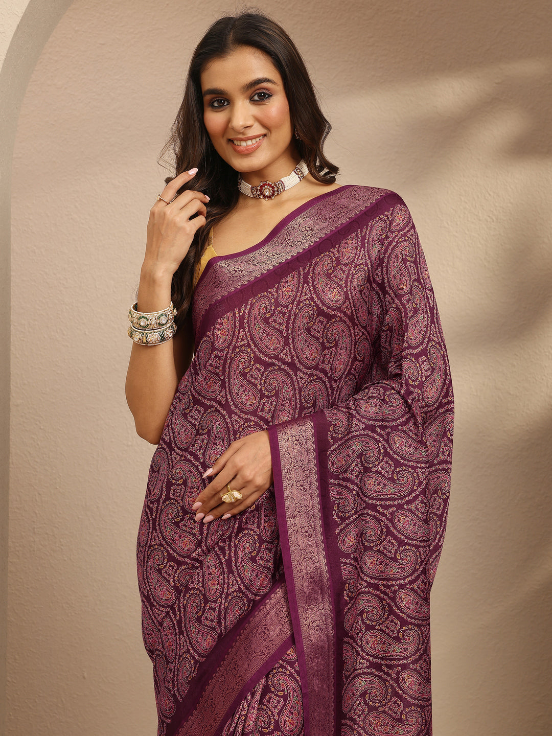 Burgundy Paisley Printed Silk Blend Saree With Unstitched Blouse Piece 