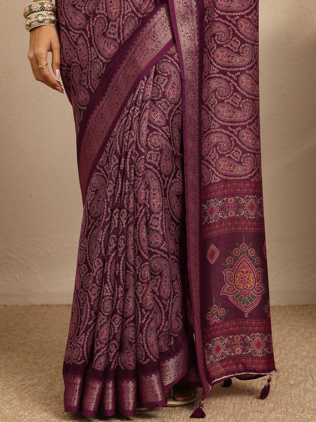  Burgundy Paisley Printed Silk Blend Saree With Unstitched Blouse Piece 