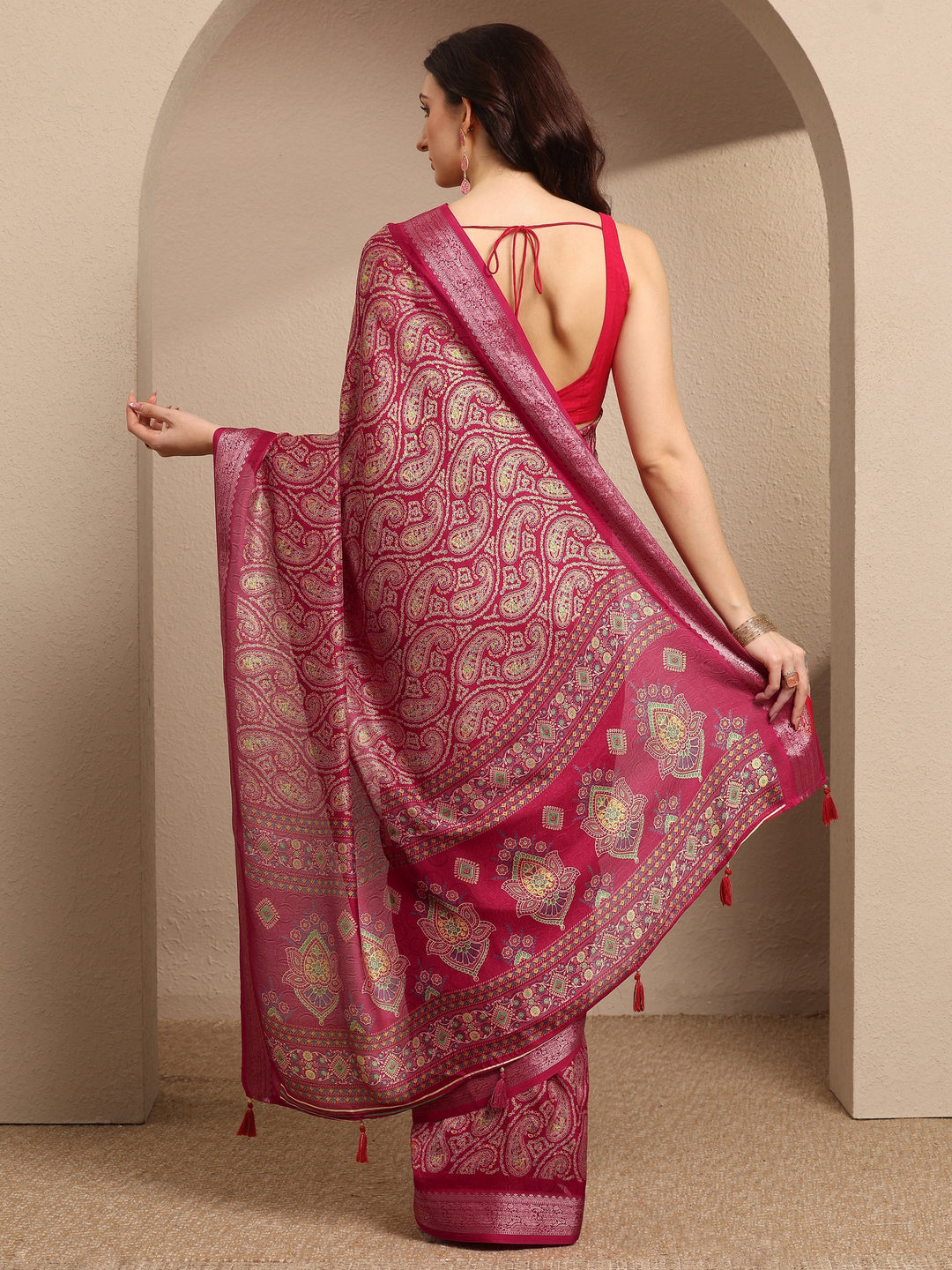  Pink Paisley Printed Silk Blend Saree With Unstitched Blouse Piece 