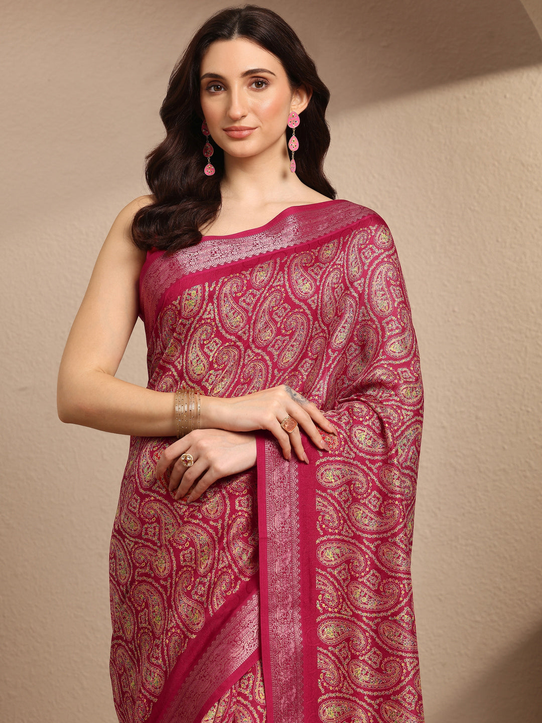  Pink Paisley Printed Silk Blend Saree With Unstitched Blouse Piece 