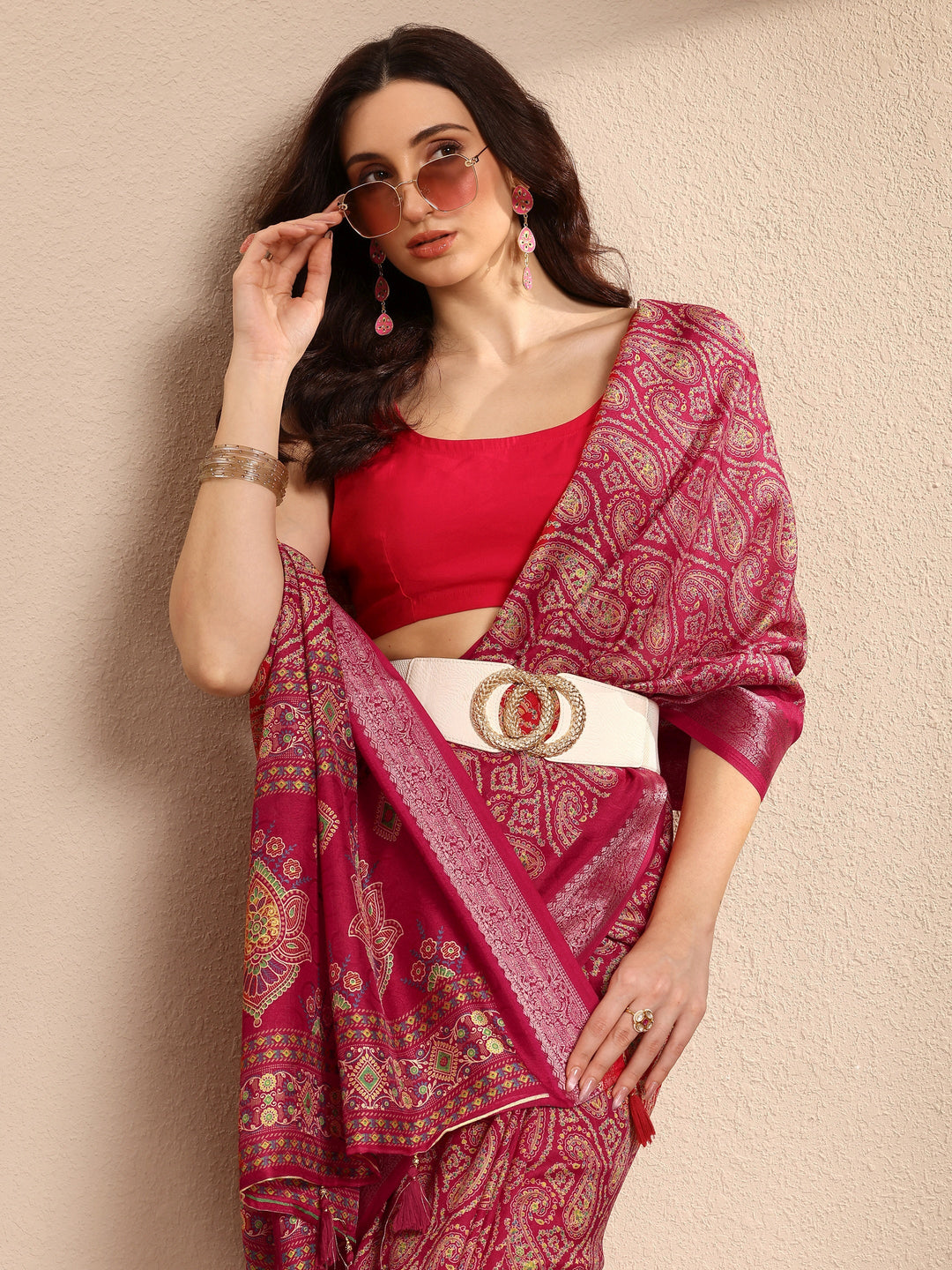  Pink Paisley Printed Silk Blend Saree With Unstitched Blouse Piece 