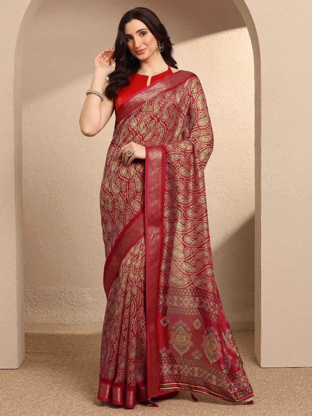  Red Paisley Printed Silk Blend Saree With Unstitched Blouse Piece 