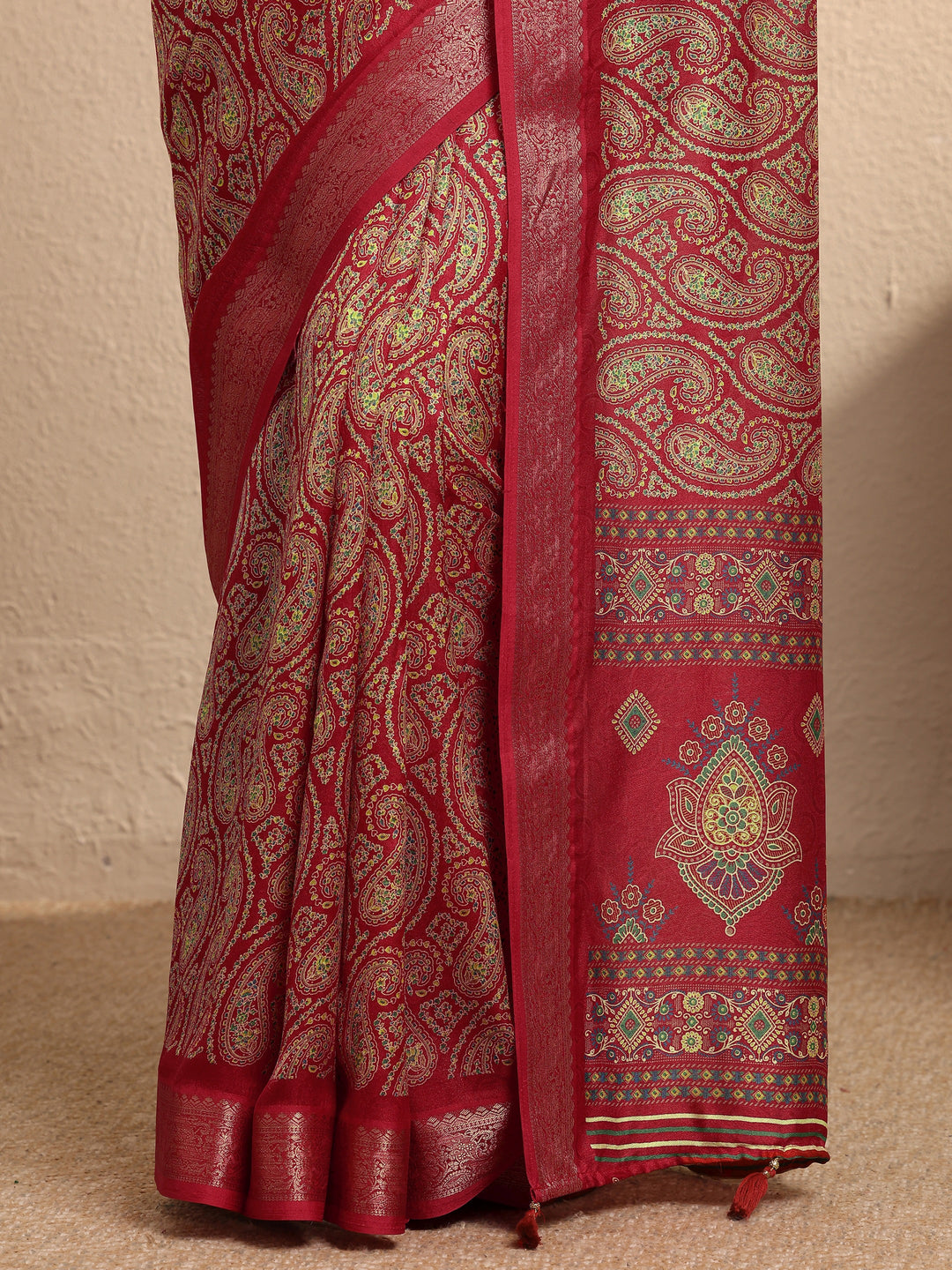  Red Paisley Printed Silk Blend Saree With Unstitched Blouse Piece 