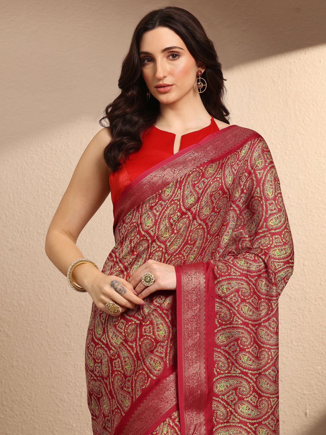  Red Paisley Printed Silk Blend Saree With Unstitched Blouse Piece 