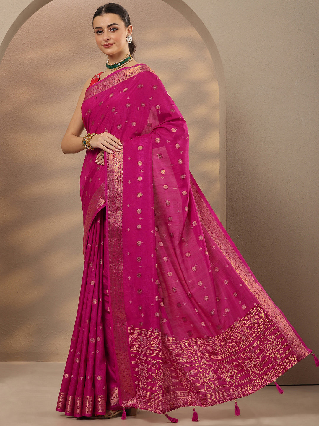  Pink Woven Design Silk Blend Saree With Unstitched Blouse Piece 