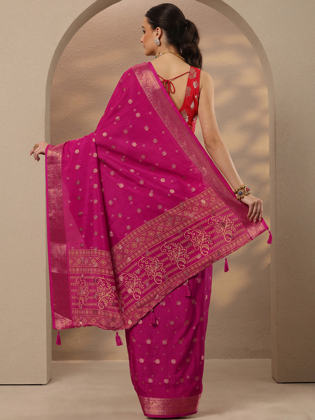  Pink Woven Design Silk Blend Saree With Unstitched Blouse Piece 