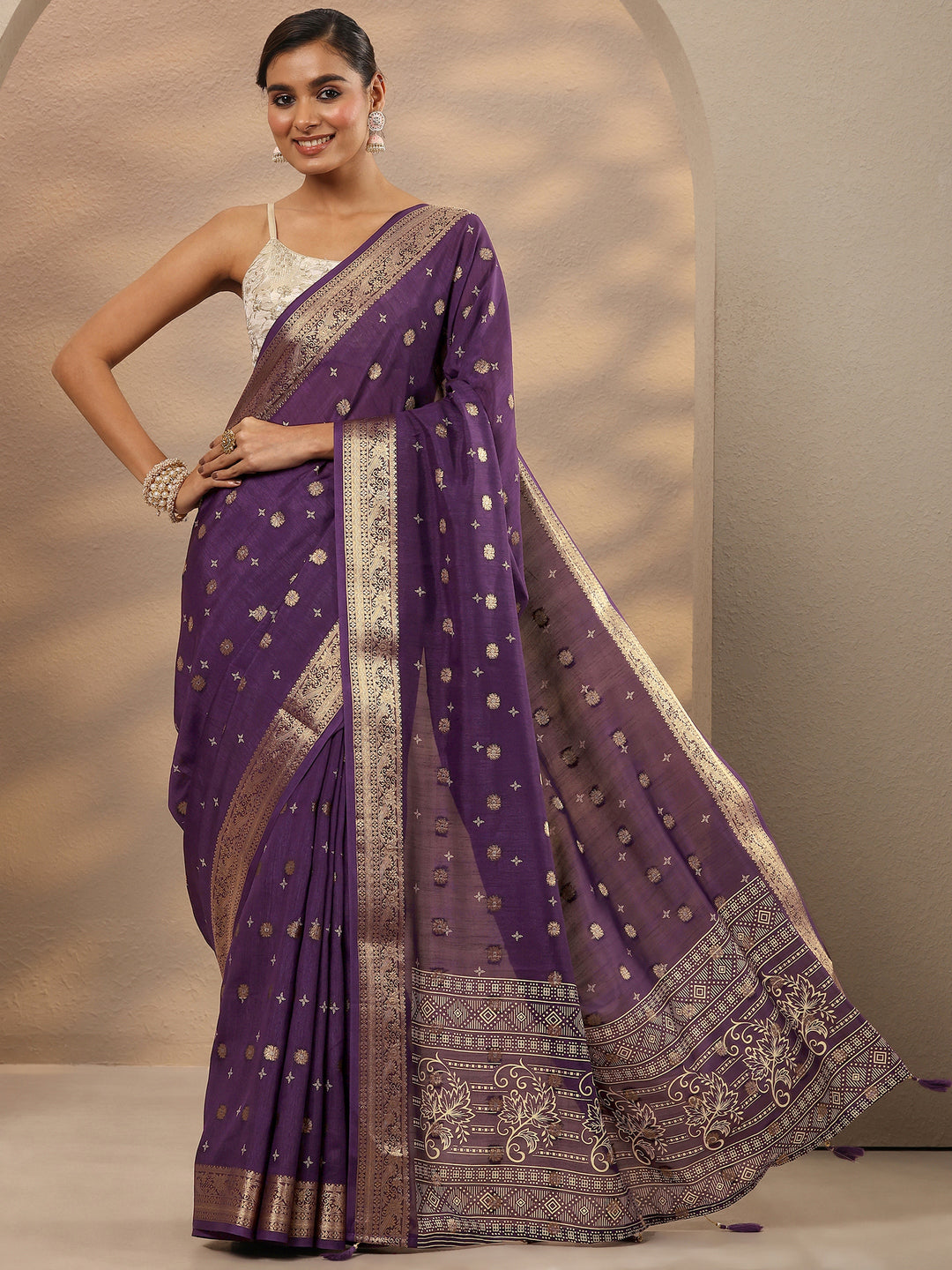  Purple Woven Design Silk Blend Saree With Unstitched Blouse Piece 