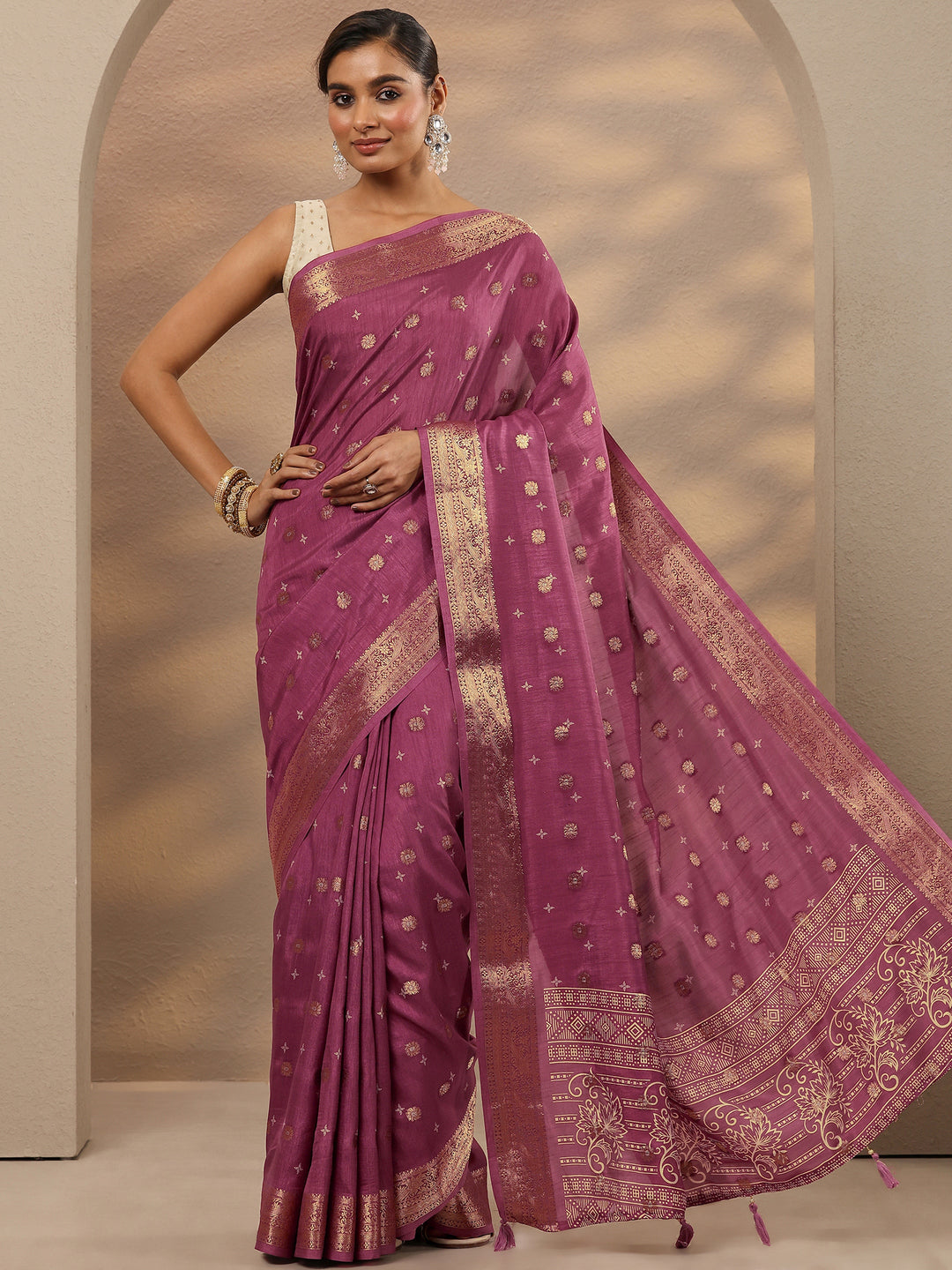  Mauve Woven Design Silk Blend Saree With Unstitched Blouse Piece 