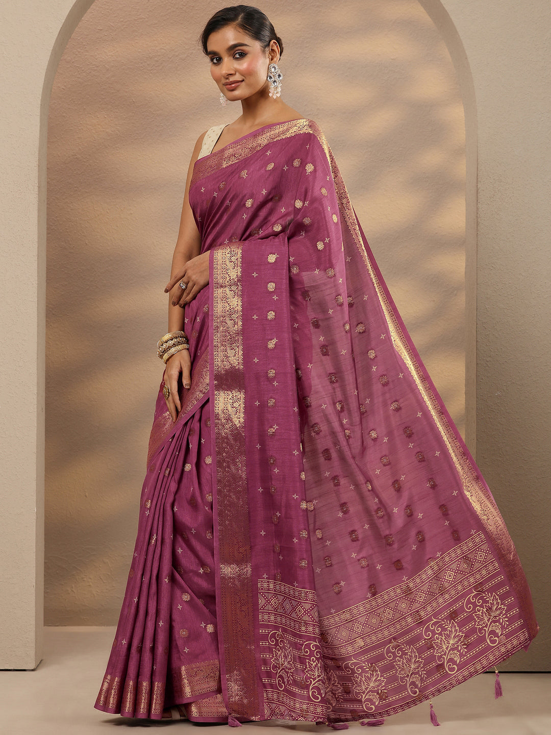  Mauve Woven Design Silk Blend Saree With Unstitched Blouse Piece 