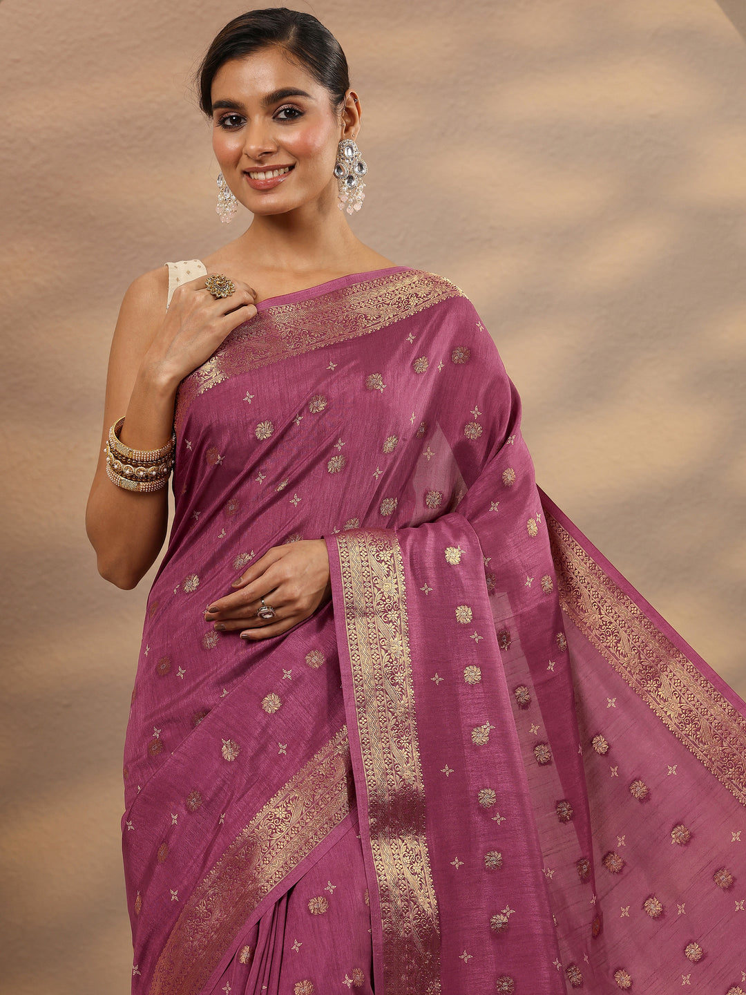  Mauve Woven Design Silk Blend Saree With Unstitched Blouse Piece 