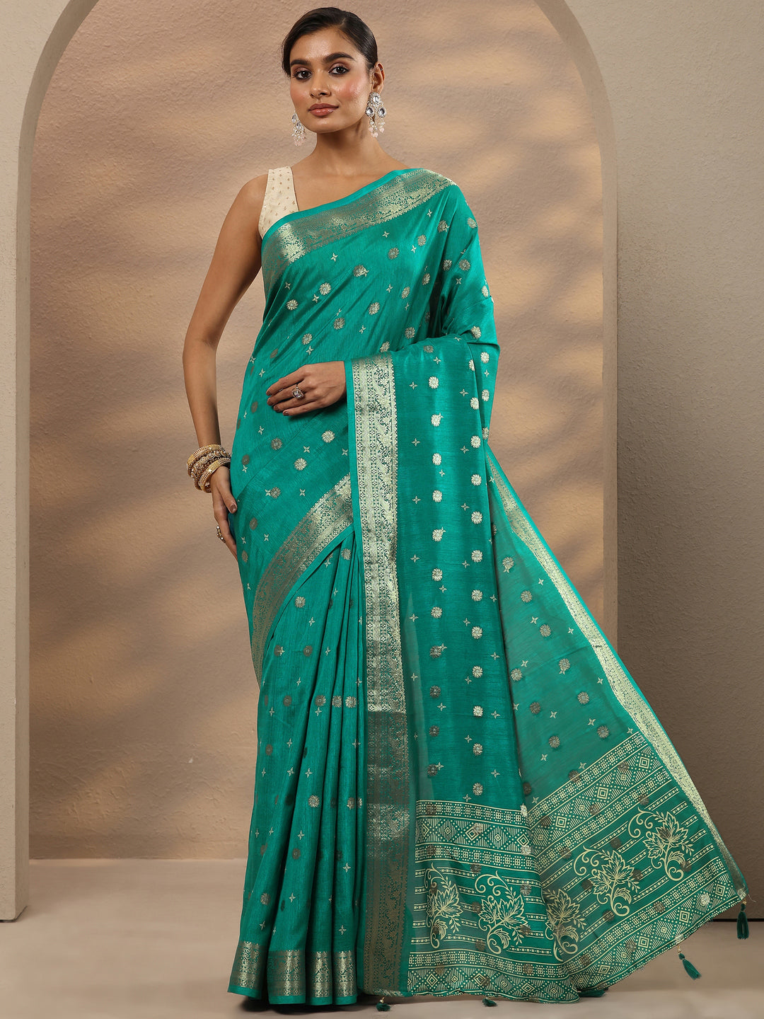  Green Woven Design Silk Blend Saree With Unstitched Blouse Piece 