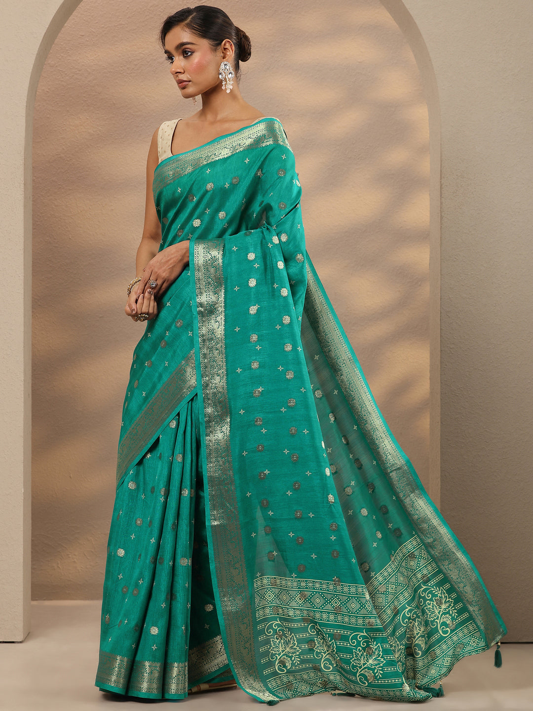  Green Woven Design Silk Blend Saree With Unstitched Blouse Piece 