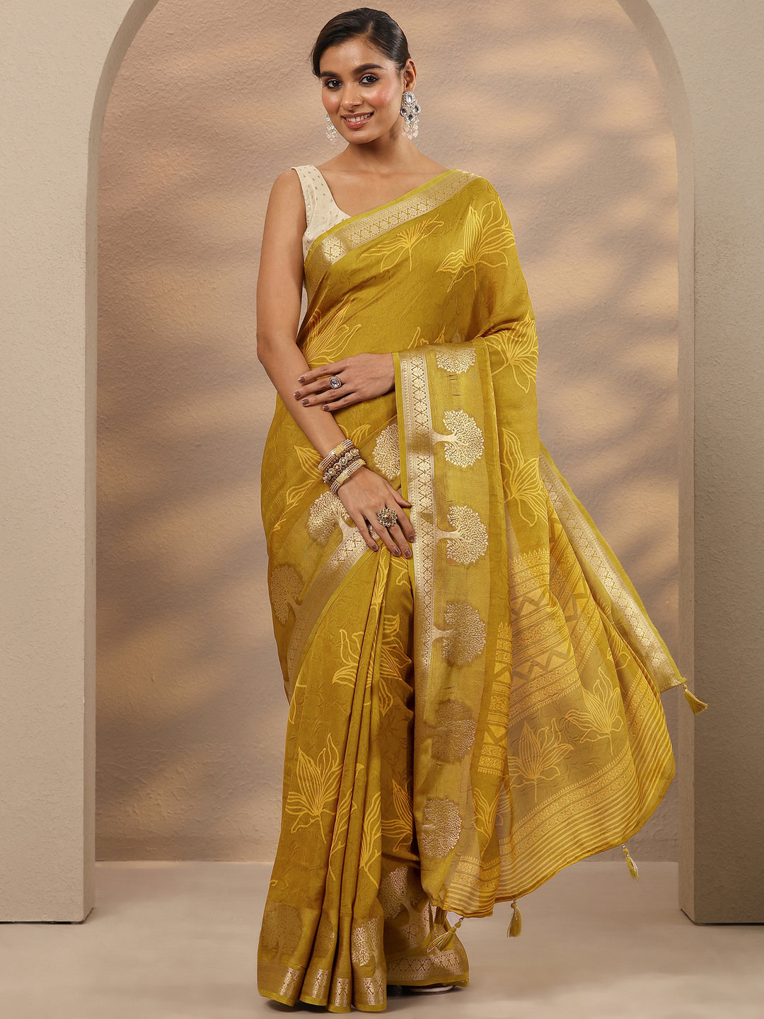  Mustard Embellished Silk Blend Saree With Unstitched Blouse Piece 