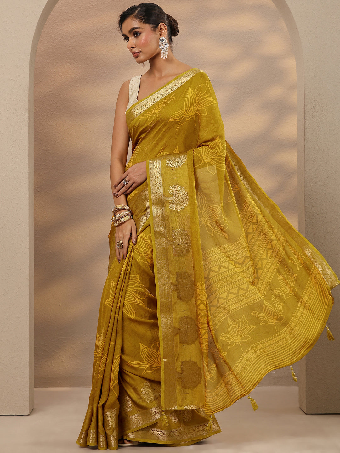  Mustard Embellished Silk Blend Saree With Unstitched Blouse Piece 