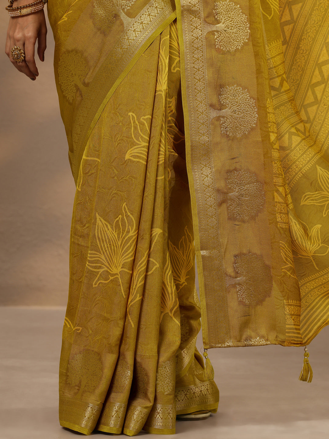  Mustard Embellished Silk Blend Saree With Unstitched Blouse Piece 