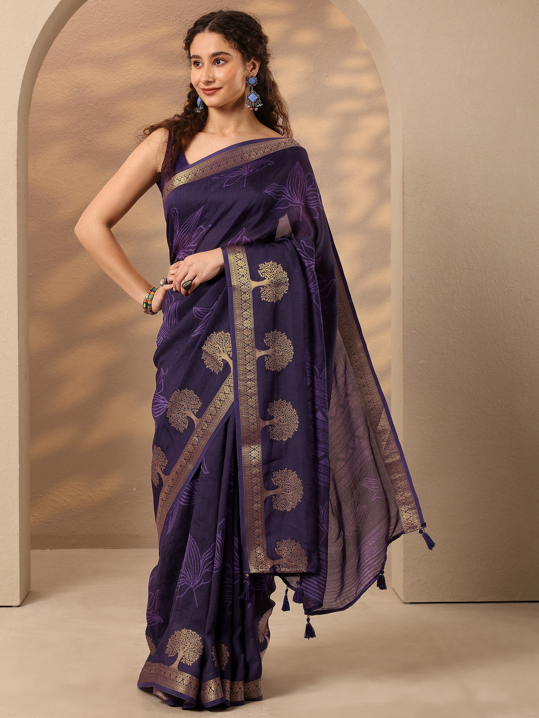  Purple Embellished Silk Blend Saree With Unstitched Blouse Piece 