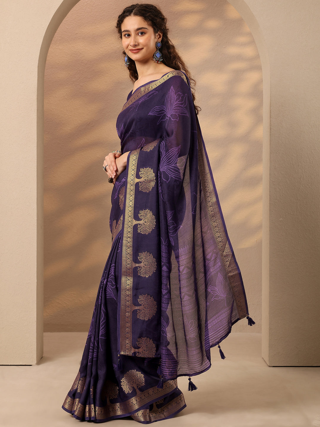  Purple Embellished Silk Blend Saree With Unstitched Blouse Piece 