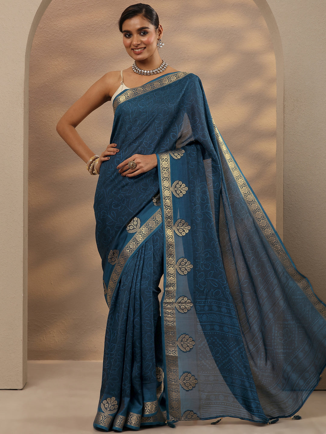  Blue Printed Silk Blend Saree With Unstitched Blouse Piece 