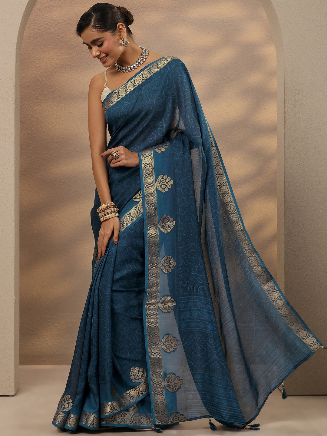  Blue Printed Silk Blend Saree With Unstitched Blouse Piece 