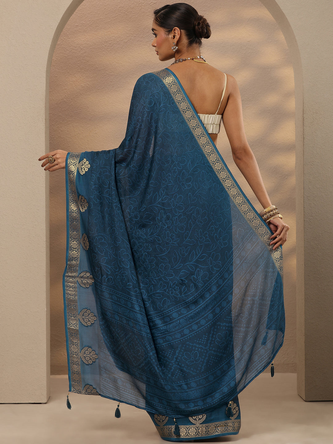 Blue Printed Silk Blend Saree With Unstitched Blouse Piece 
