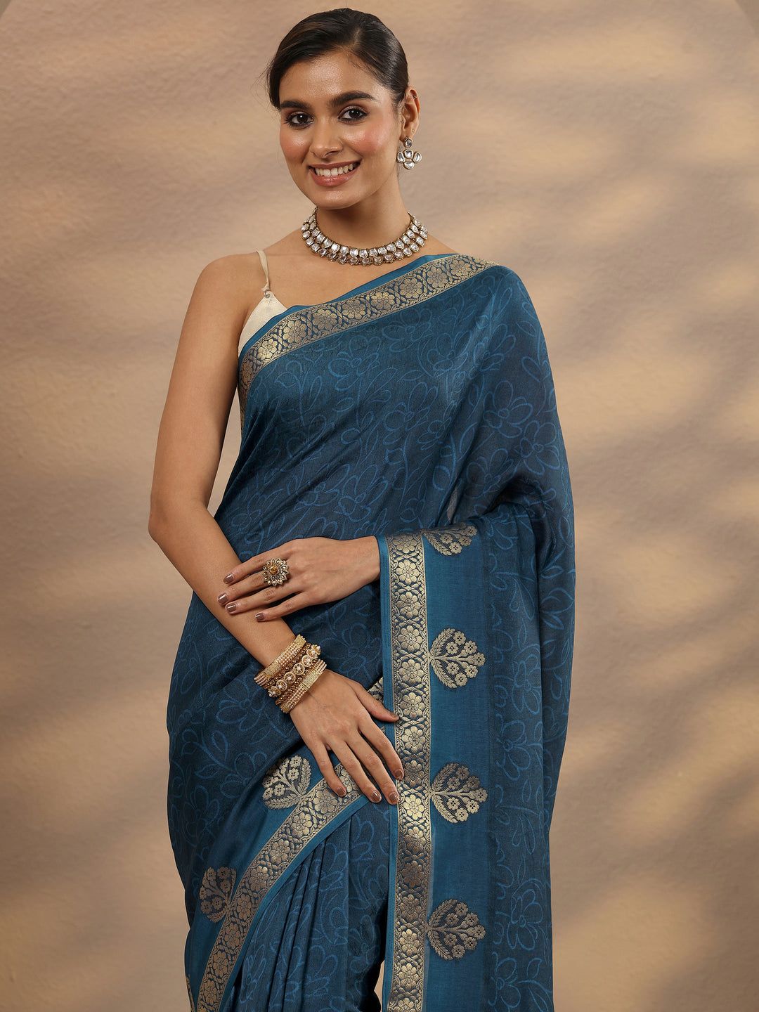  Blue Printed Silk Blend Saree With Unstitched Blouse Piece 