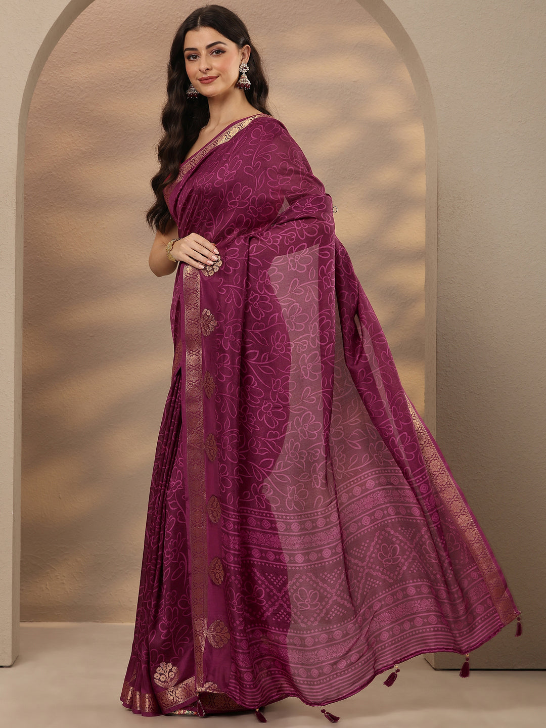  Burgundy Printed Silk Blend Saree With Unstitched Blouse Piece 